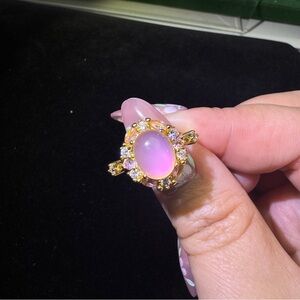 Gold-Plated Pink Opalescent Cabochon Halo Ring - Women's Jewelry